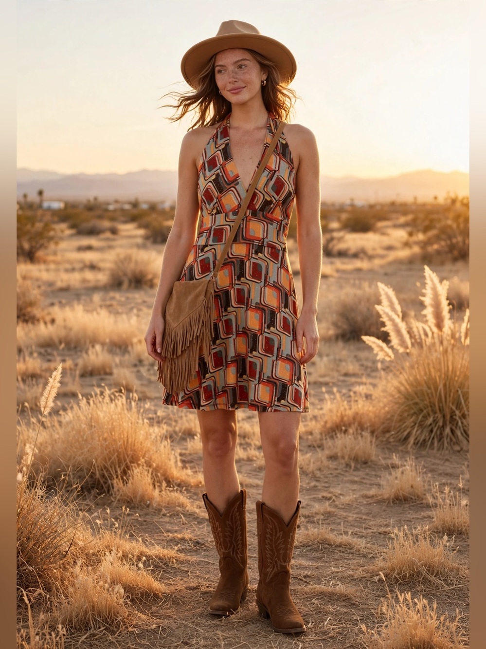 Napoli Halter Dress 70s Retro Geometric Print 4472 Orange Brown Boho Made in USA